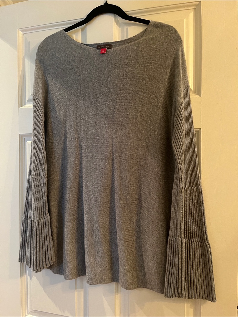 Vince Camuto Gray Ribbed Bell-Sleeve Crewneck Sweater